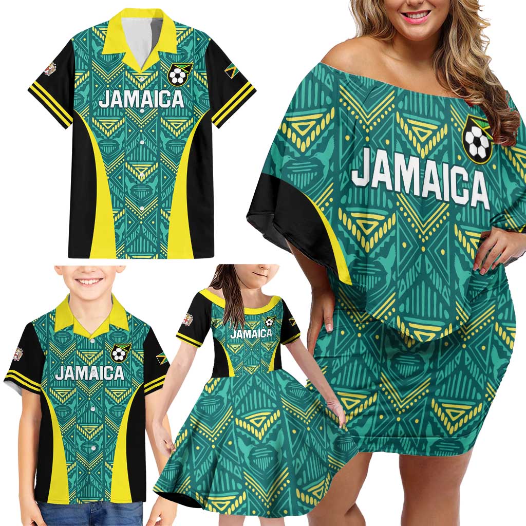 Custom Jamaica Football Family Matching Off Shoulder Short Dress and Hawaiian Shirt We Believe Reggae Boyz