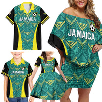 Custom Jamaica Football Family Matching Off Shoulder Short Dress and Hawaiian Shirt We Believe Reggae Boyz