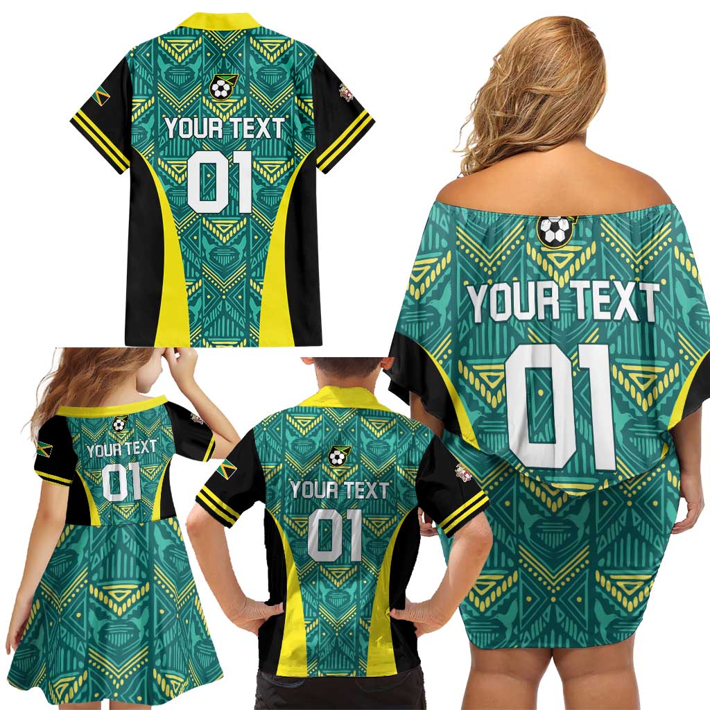 Custom Jamaica Football Family Matching Off Shoulder Short Dress and Hawaiian Shirt We Believe Reggae Boyz