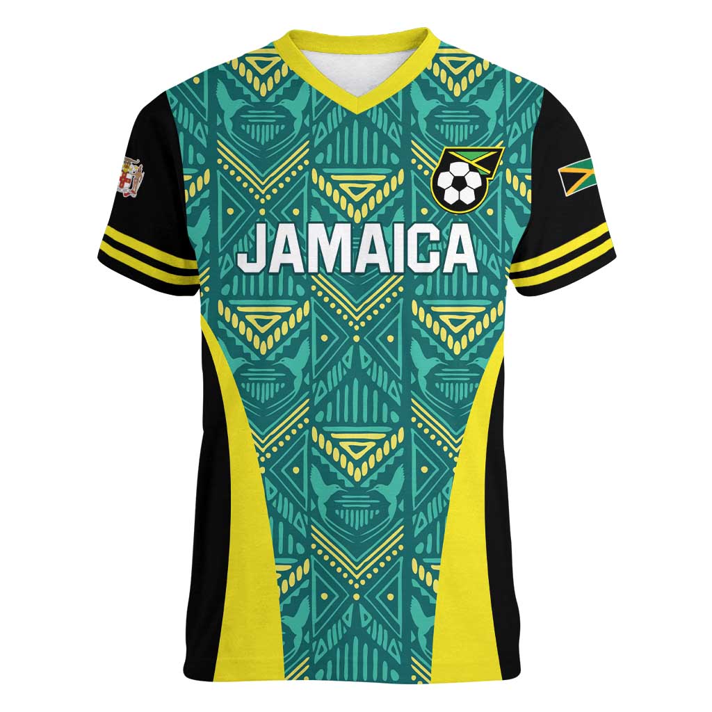 Custom Jamaica Football Women V-Neck T-Shirt We Believe Reggae Boyz