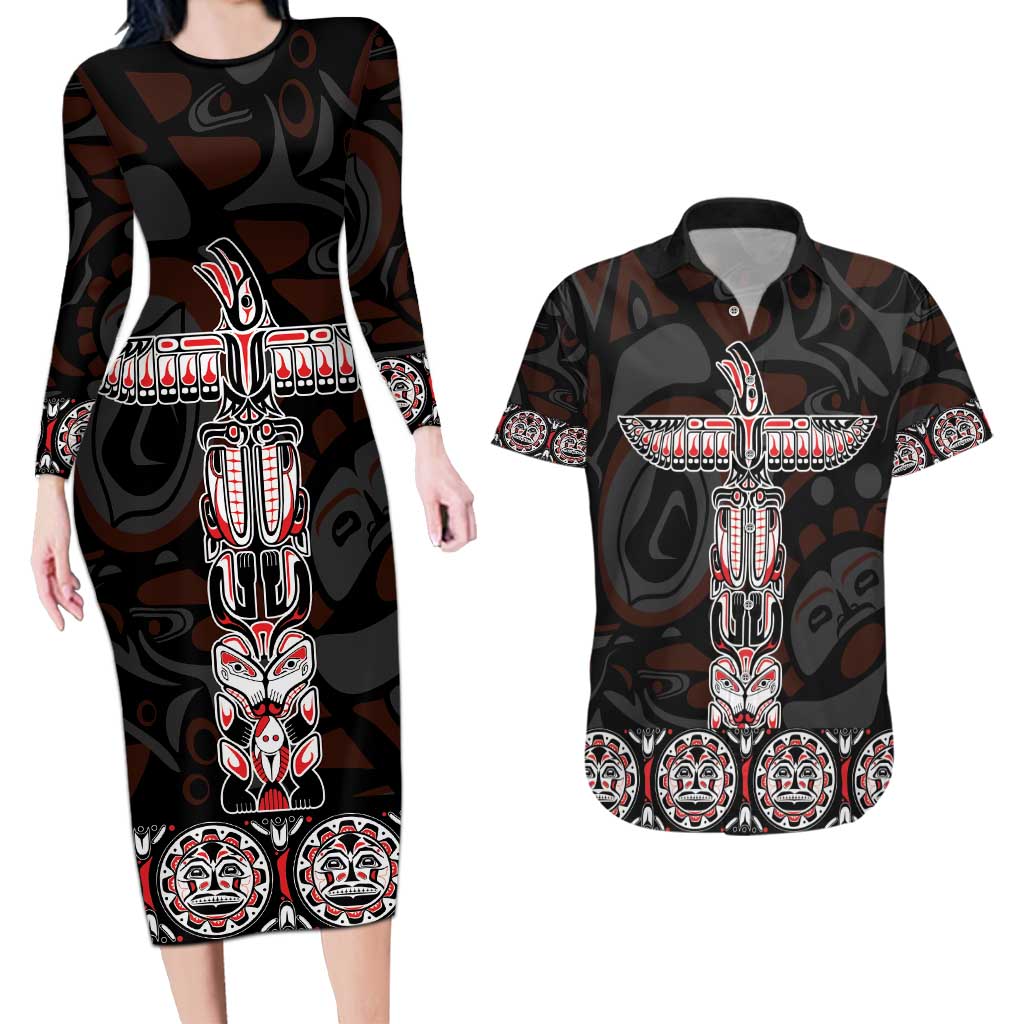 Canada Haida Totem Couples Matching Long Sleeve Bodycon Dress and Hawaiian Shirt Haida Spirit