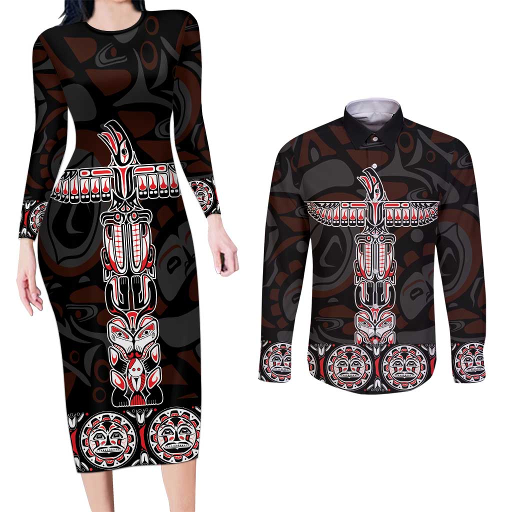 Canada Haida Totem Couples Matching Long Sleeve Bodycon Dress and Long Sleeve Button Shirt Haida Spirit