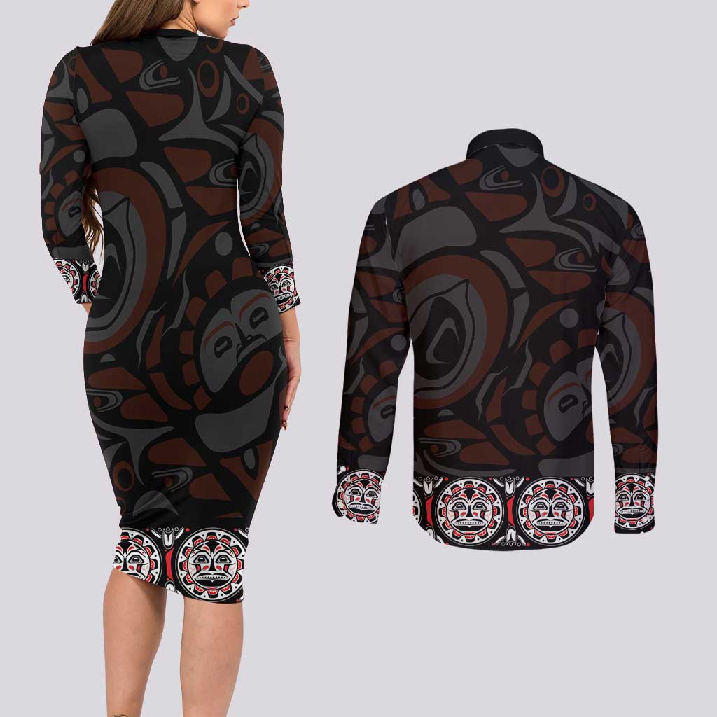 Canada Haida Totem Couples Matching Long Sleeve Bodycon Dress and Long Sleeve Button Shirt Haida Spirit