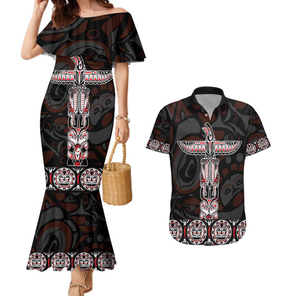 Canada Haida Totem Couples Matching Mermaid Dress and Hawaiian Shirt Haida Spirit
