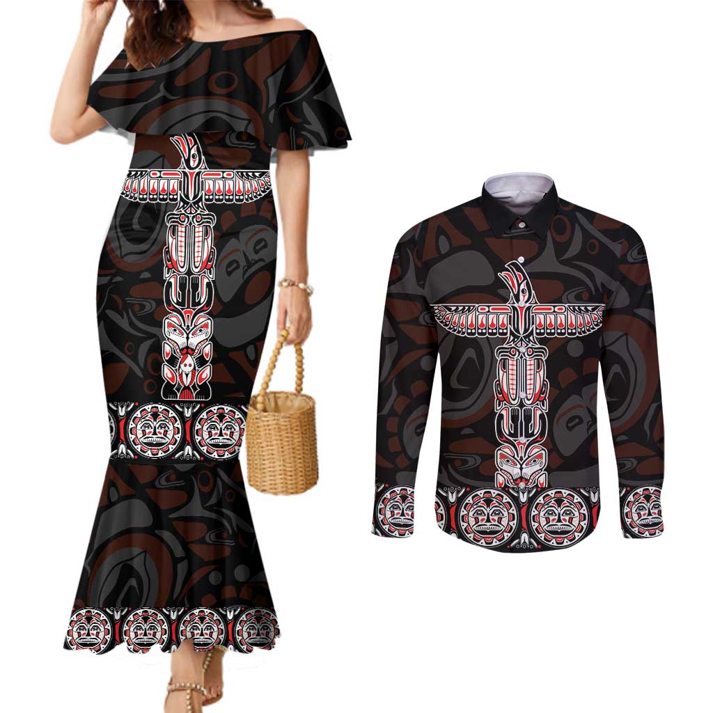 Canada Haida Totem Couples Matching Mermaid Dress and Long Sleeve Button Shirt Haida Spirit