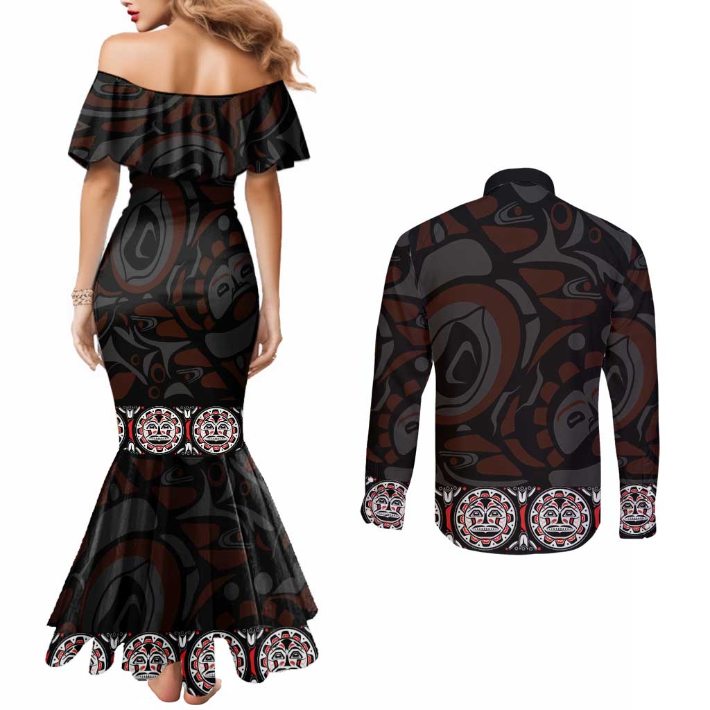 Canada Haida Totem Couples Matching Mermaid Dress and Long Sleeve Button Shirt Haida Spirit