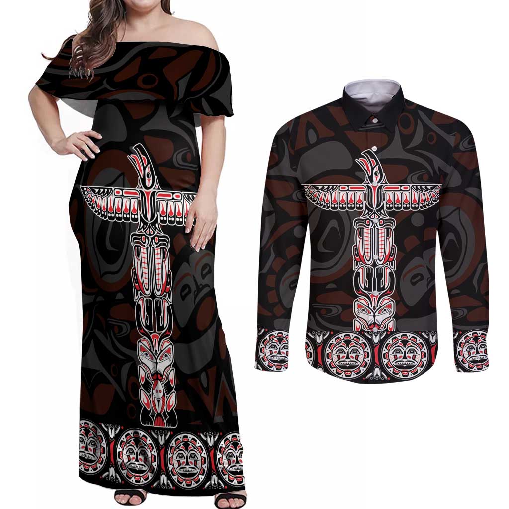 Canada Haida Totem Couples Matching Off Shoulder Maxi Dress and Long Sleeve Button Shirt Haida Spirit