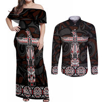 Canada Haida Totem Couples Matching Off Shoulder Maxi Dress and Long Sleeve Button Shirt Haida Spirit
