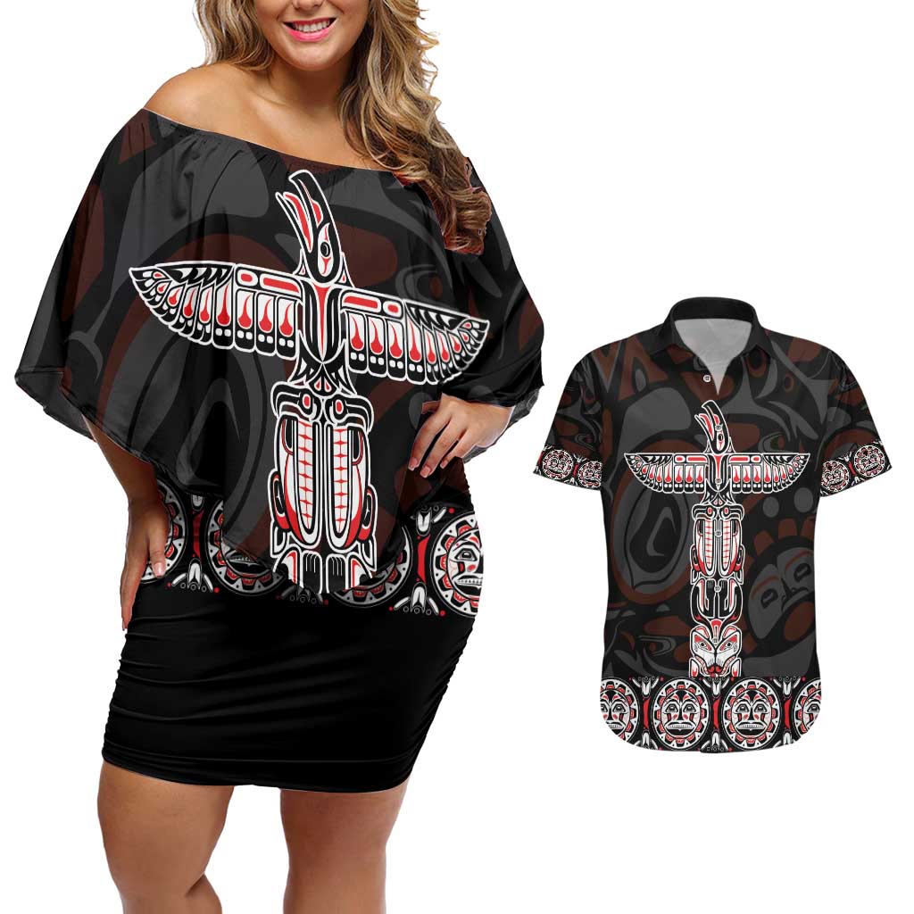 Canada Haida Totem Couples Matching Off Shoulder Short Dress and Hawaiian Shirt Haida Spirit