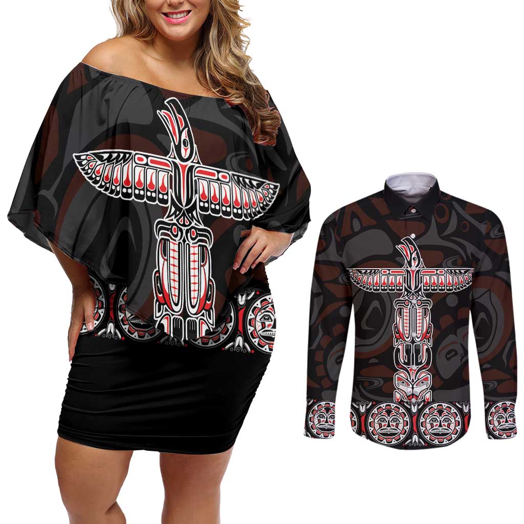 Canada Haida Totem Couples Matching Off Shoulder Short Dress and Long Sleeve Button Shirt Haida Spirit