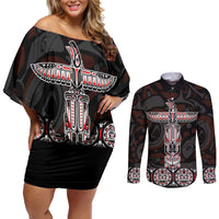 Canada Haida Totem Couples Matching Off Shoulder Short Dress and Long Sleeve Button Shirt Haida Spirit