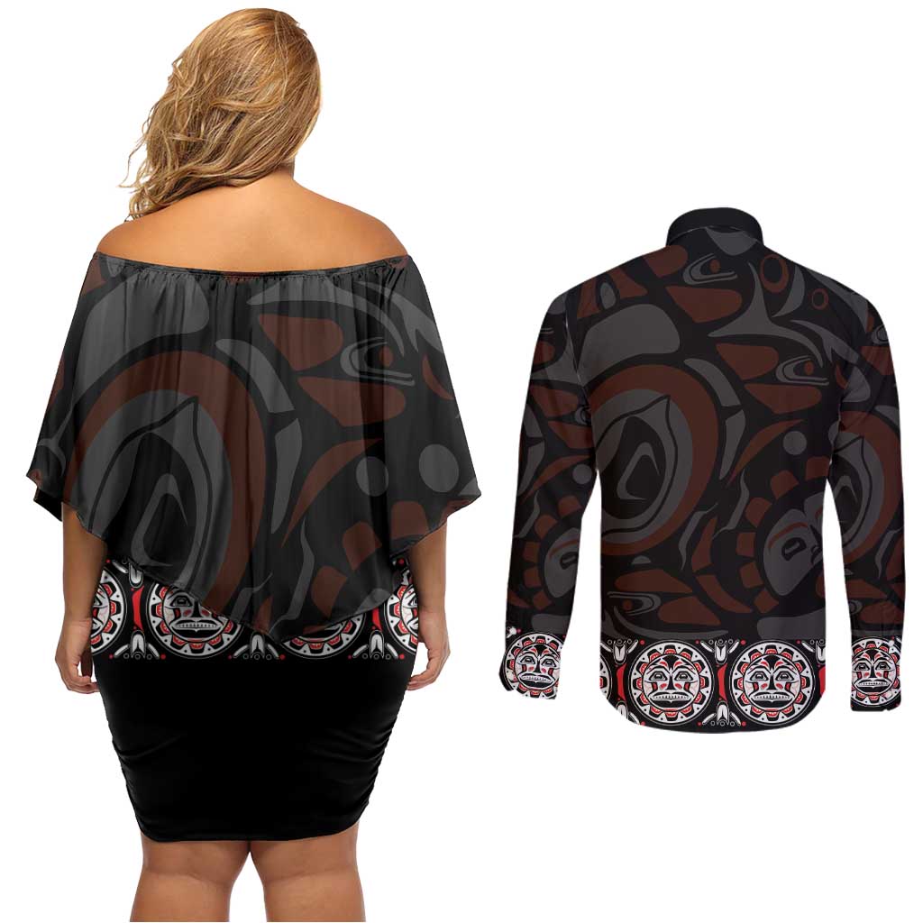 Canada Haida Totem Couples Matching Off Shoulder Short Dress and Long Sleeve Button Shirt Haida Spirit