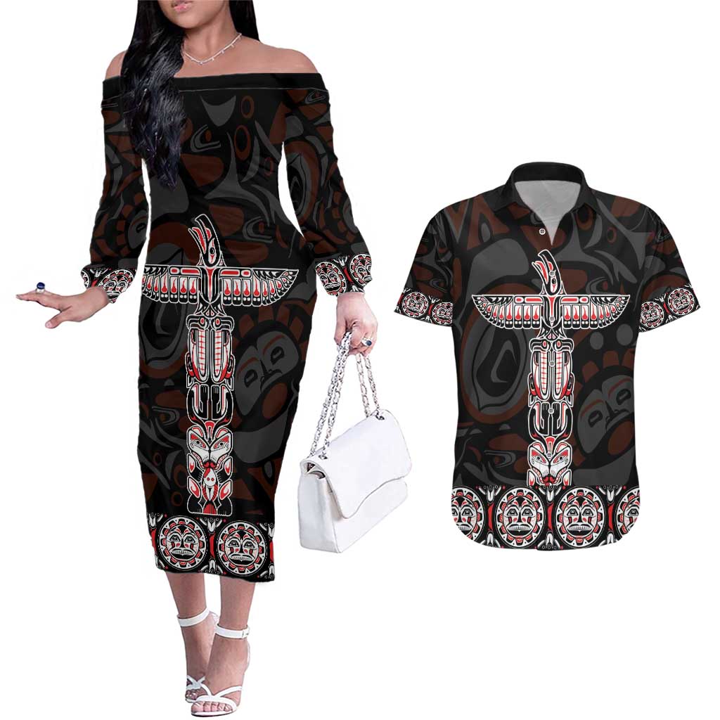 Canada Haida Totem Couples Matching Off The Shoulder Long Sleeve Dress and Hawaiian Shirt Haida Spirit