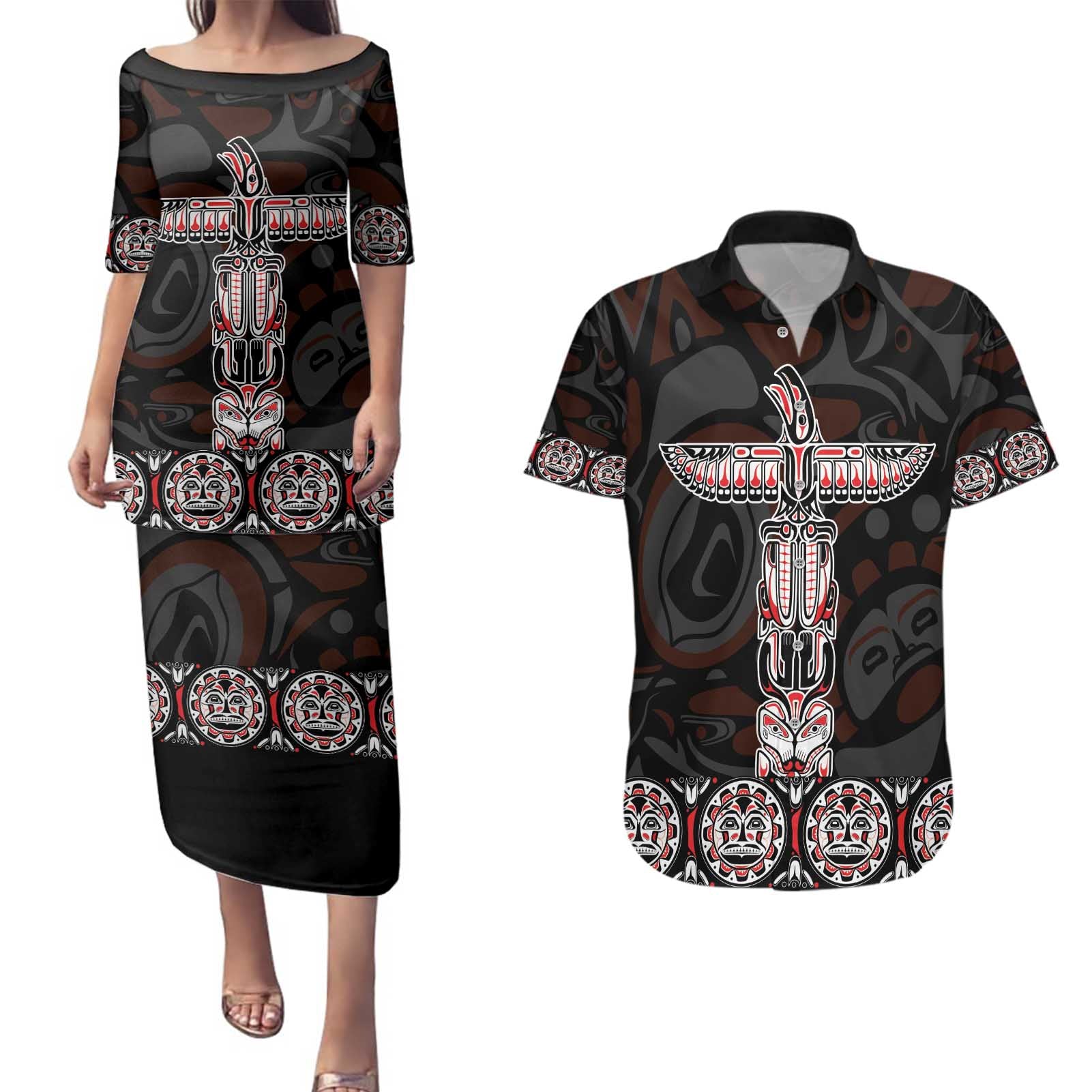 Canada Haida Totem Couples Matching Puletasi and Hawaiian Shirt Haida Spirit