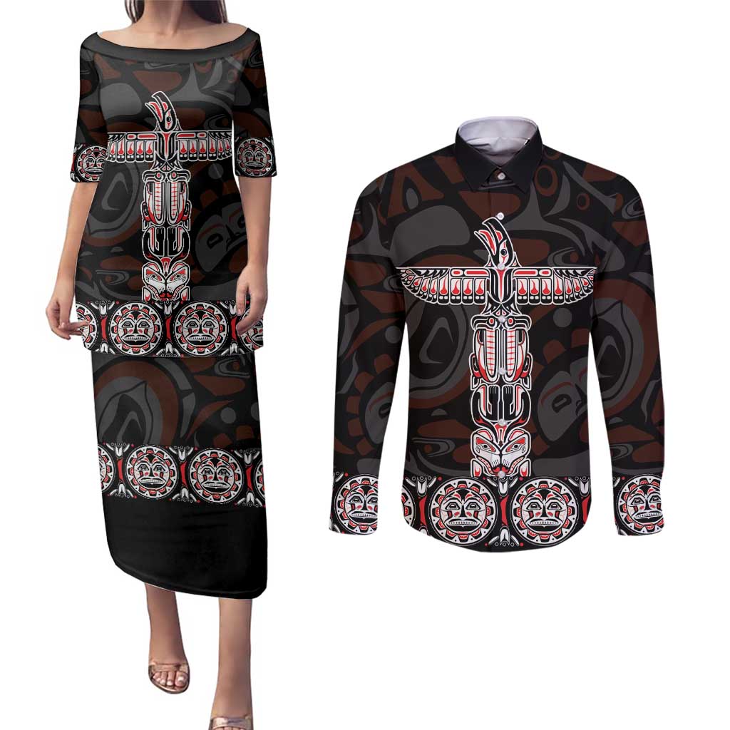 Canada Haida Totem Couples Matching Puletasi and Long Sleeve Button Shirt Haida Spirit