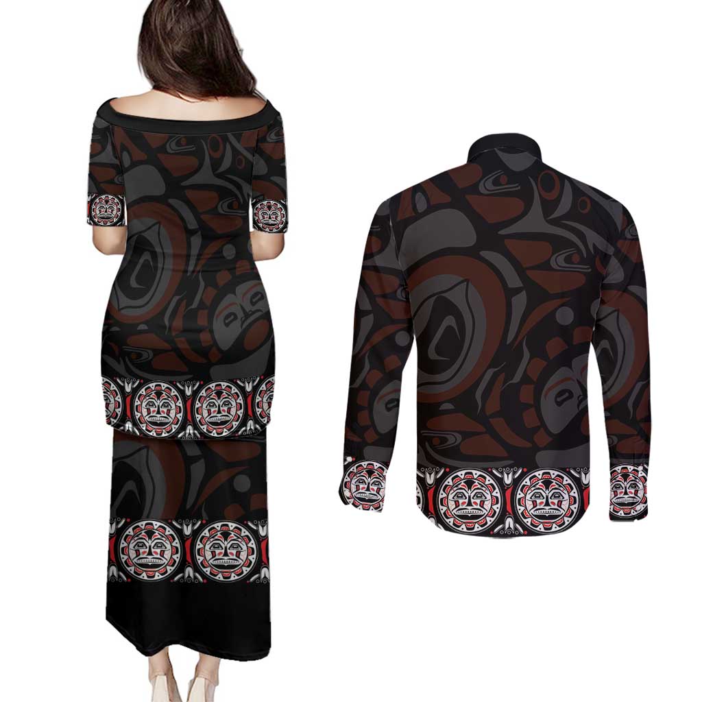 Canada Haida Totem Couples Matching Puletasi and Long Sleeve Button Shirt Haida Spirit
