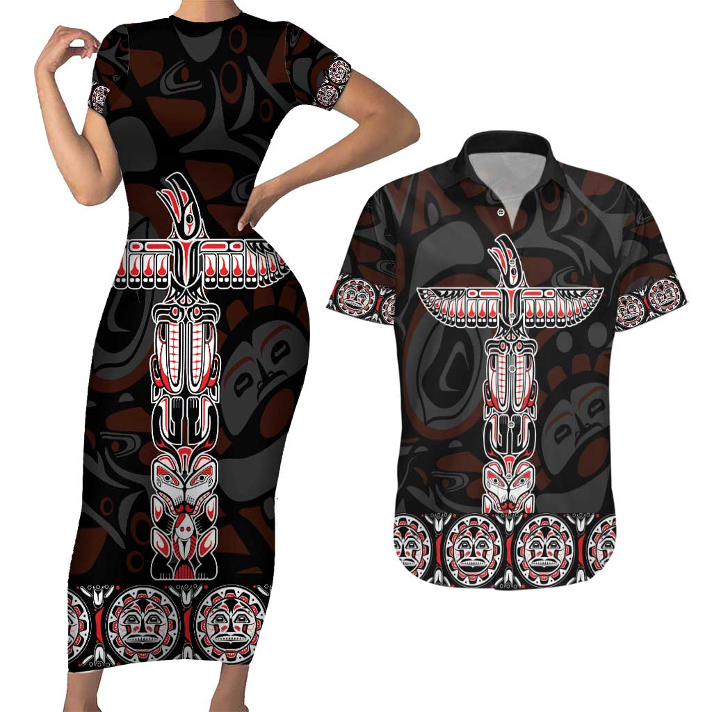 Canada Haida Totem Couples Matching Short Sleeve Bodycon Dress and Hawaiian Shirt Haida Spirit