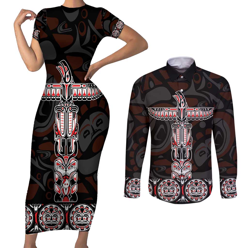 Canada Haida Totem Couples Matching Short Sleeve Bodycon Dress and Long Sleeve Button Shirt Haida Spirit