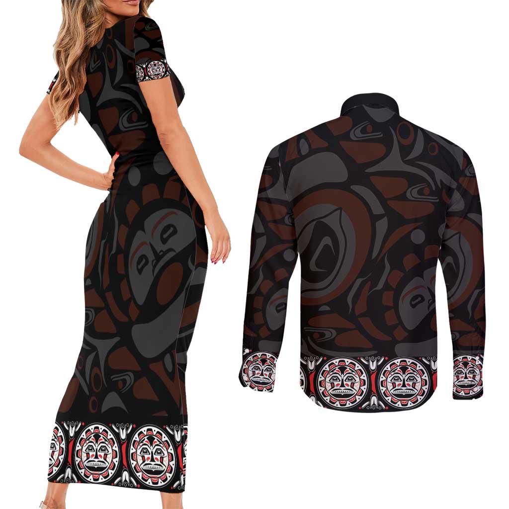 Canada Haida Totem Couples Matching Short Sleeve Bodycon Dress and Long Sleeve Button Shirt Haida Spirit