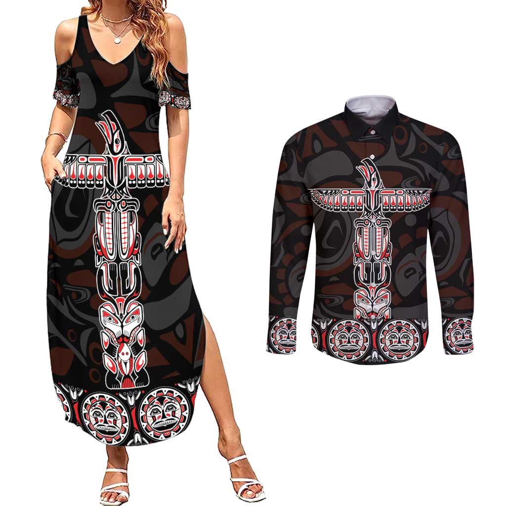 Canada Haida Totem Couples Matching Summer Maxi Dress and Long Sleeve Button Shirt Haida Spirit