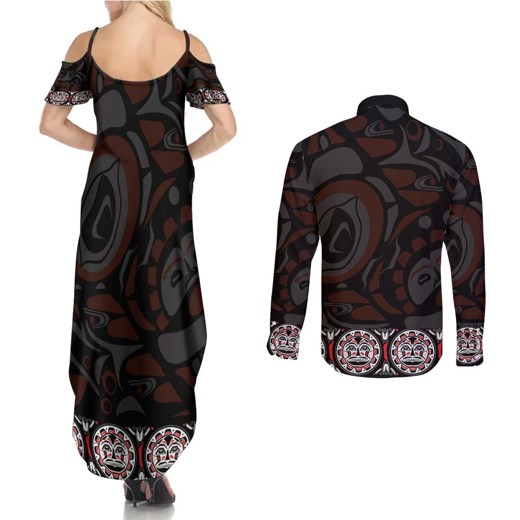Canada Haida Totem Couples Matching Summer Maxi Dress and Long Sleeve Button Shirt Haida Spirit