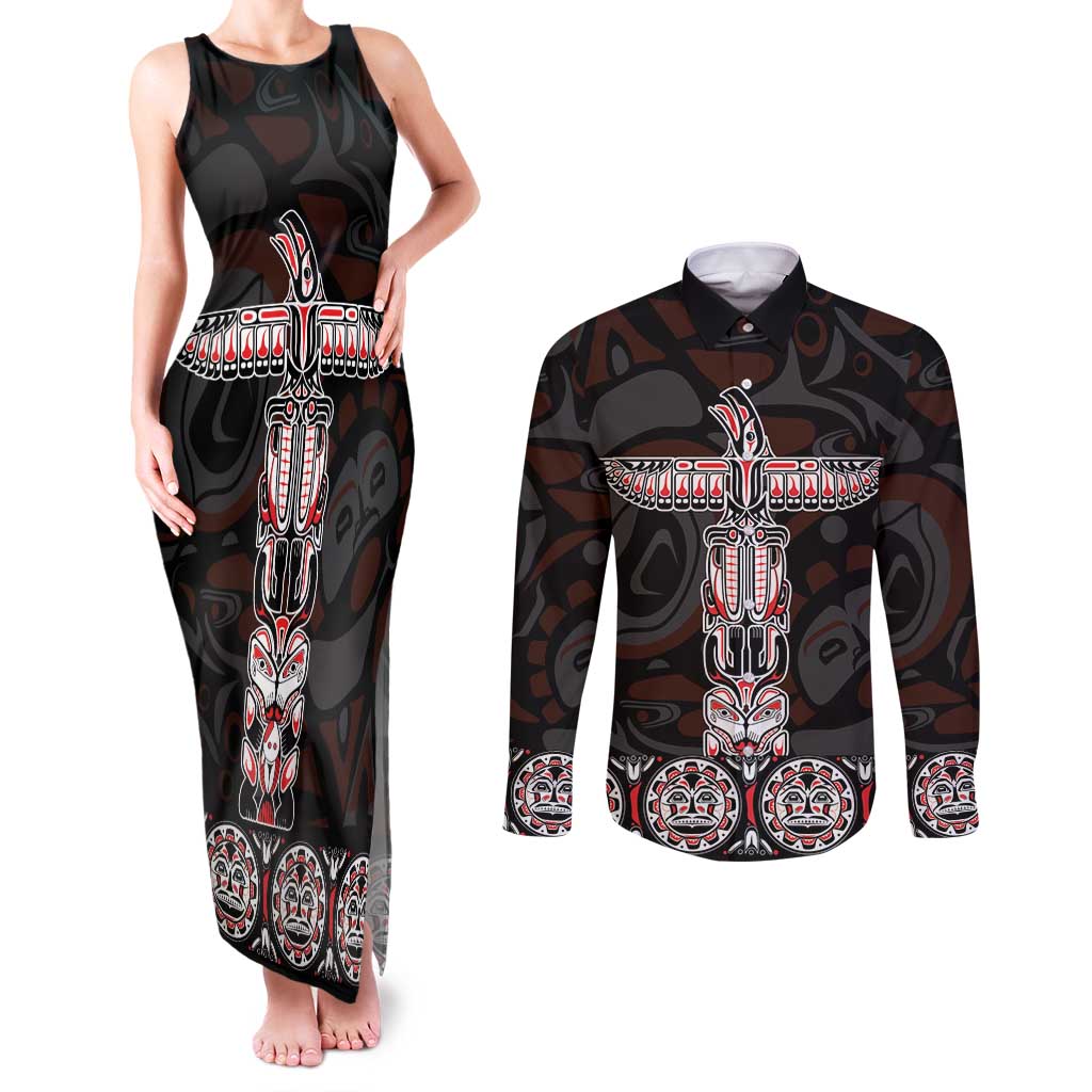 Canada Haida Totem Couples Matching Tank Maxi Dress and Long Sleeve Button Shirt Haida Spirit