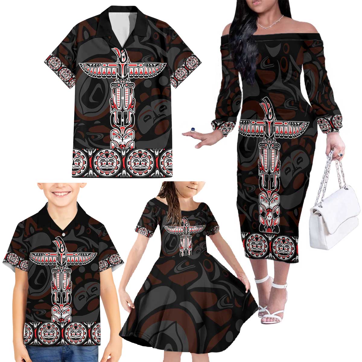 Canada Haida Totem Family Matching Off The Shoulder Long Sleeve Dress and Hawaiian Shirt Haida Spirit