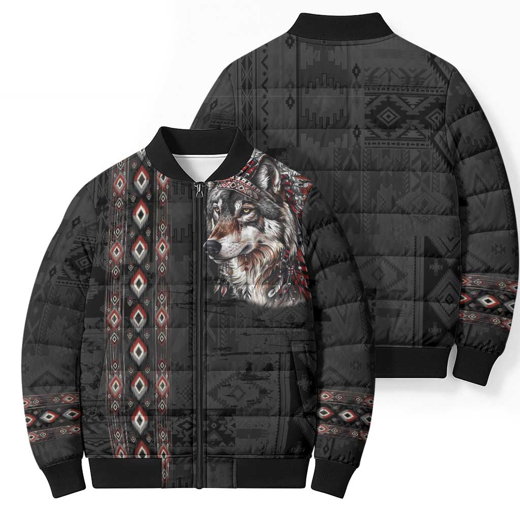 Native American Wolf Bomber Puffer Jacket Tribal Pattern