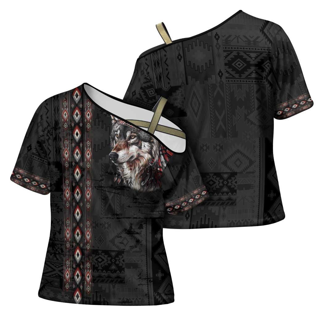 Native American Wolf Cross Shoulder Shirt Tribal Pattern