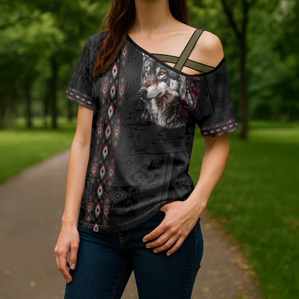 Native American Wolf Cross Shoulder Shirt Tribal Pattern