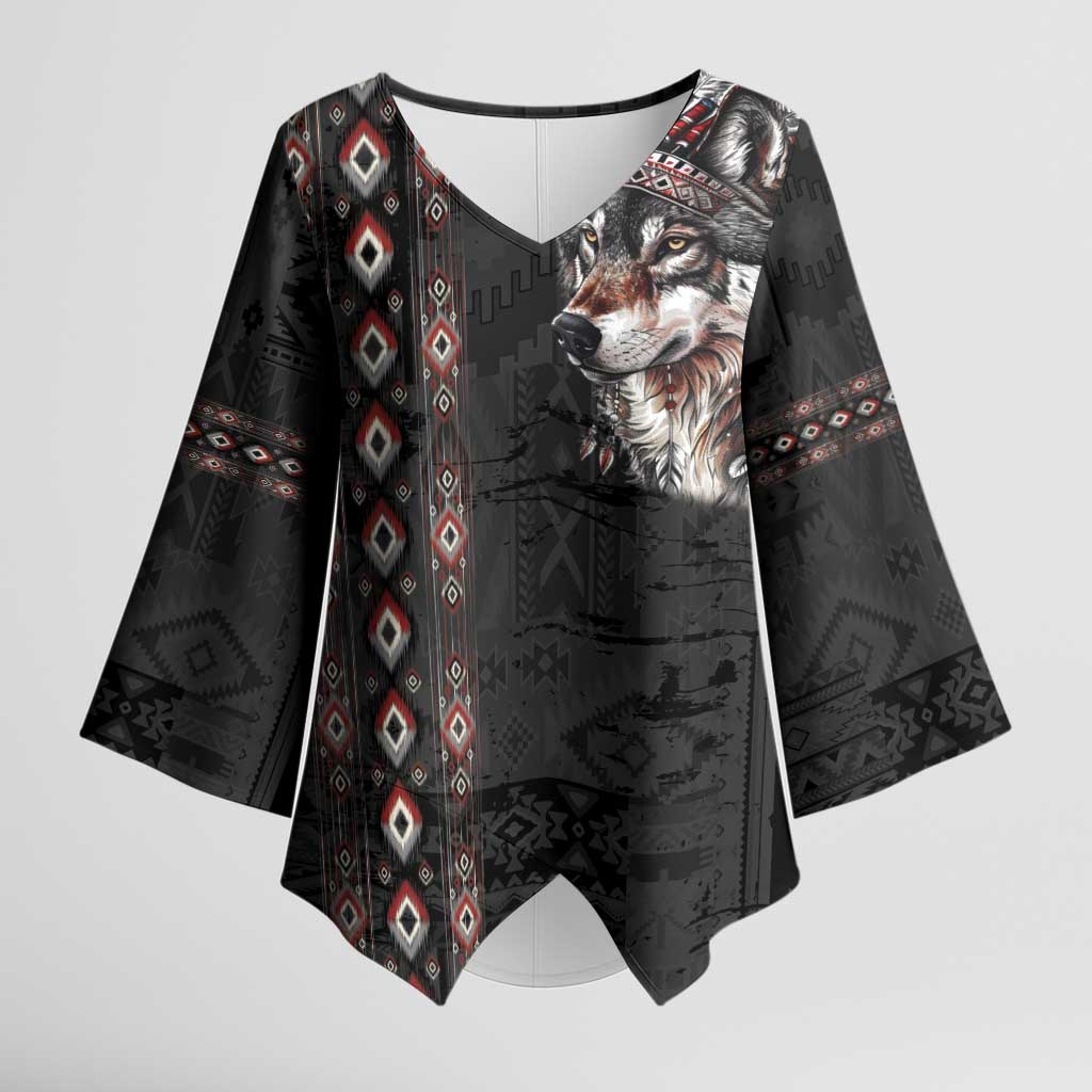 Native American Wolf Kimono Sleeve Blouse Tribal Pattern