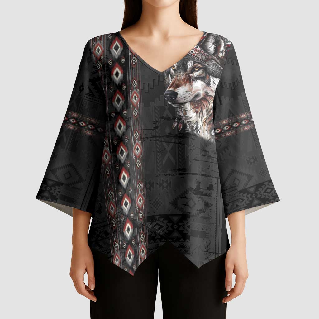 Native American Wolf Kimono Sleeve Blouse Tribal Pattern