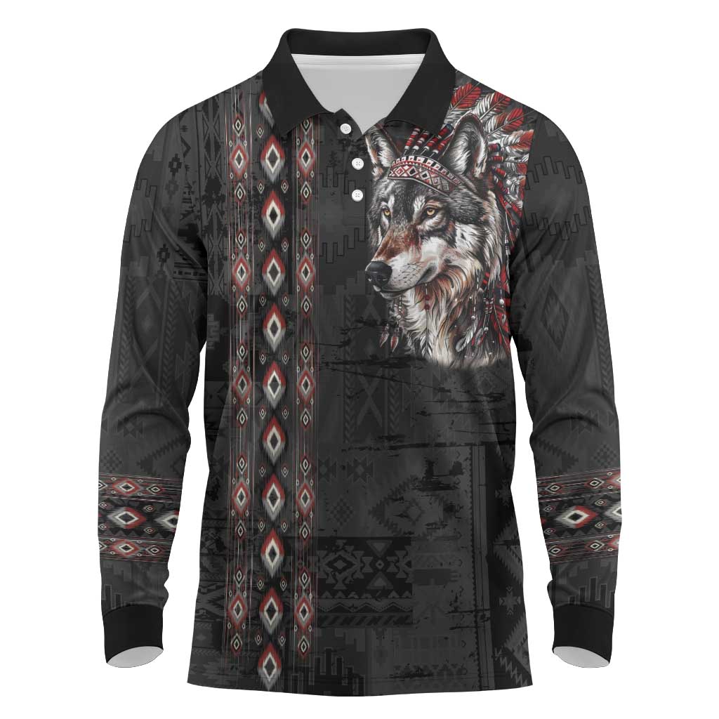 Native American Wolf Long Sleeve Polo Shirt Tribal Pattern