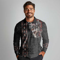 Native American Wolf Long Sleeve Polo Shirt Tribal Pattern