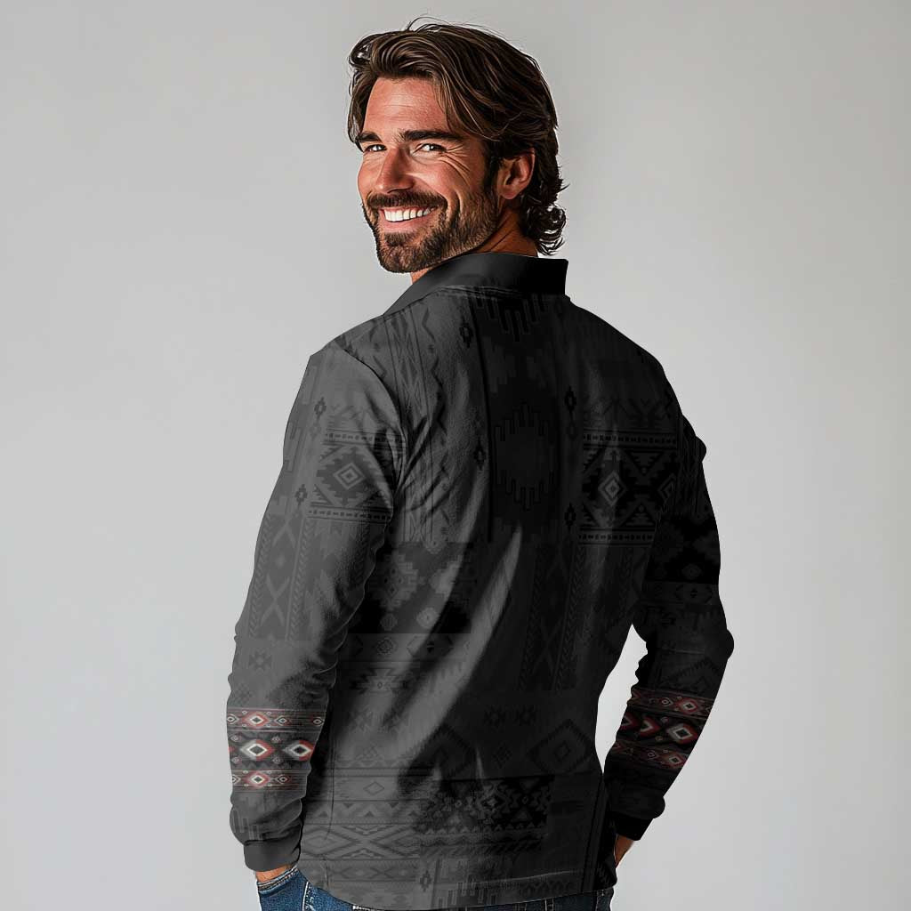 Native American Wolf Long Sleeve Polo Shirt Tribal Pattern