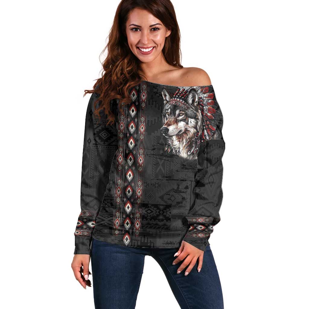 Native American Wolf Off Shoulder Sweater Tribal Pattern