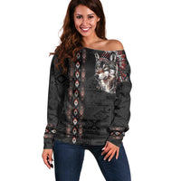 Native American Wolf Off Shoulder Sweater Tribal Pattern
