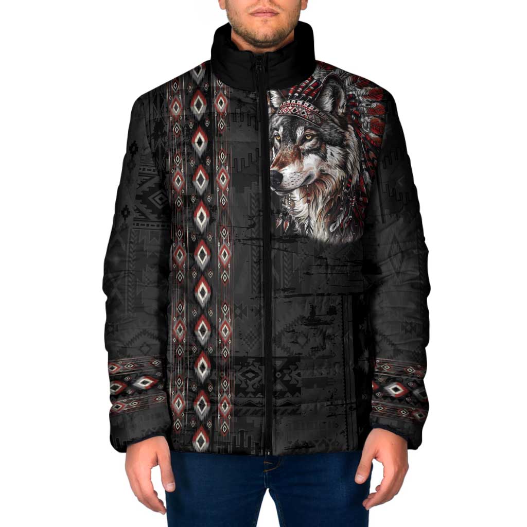 Native American Wolf Padded Jacket Tribal Pattern