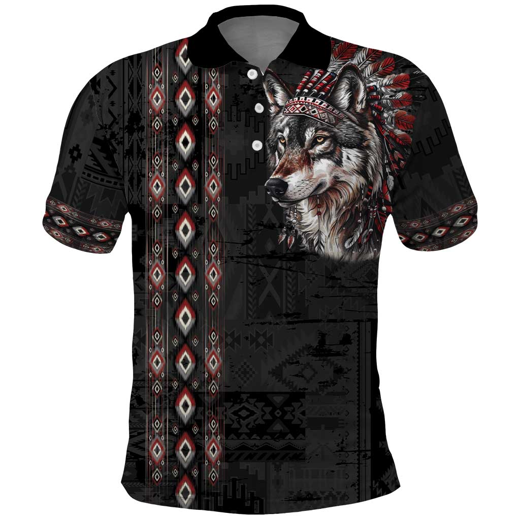 Native American Wolf Polo Shirt Tribal Pattern