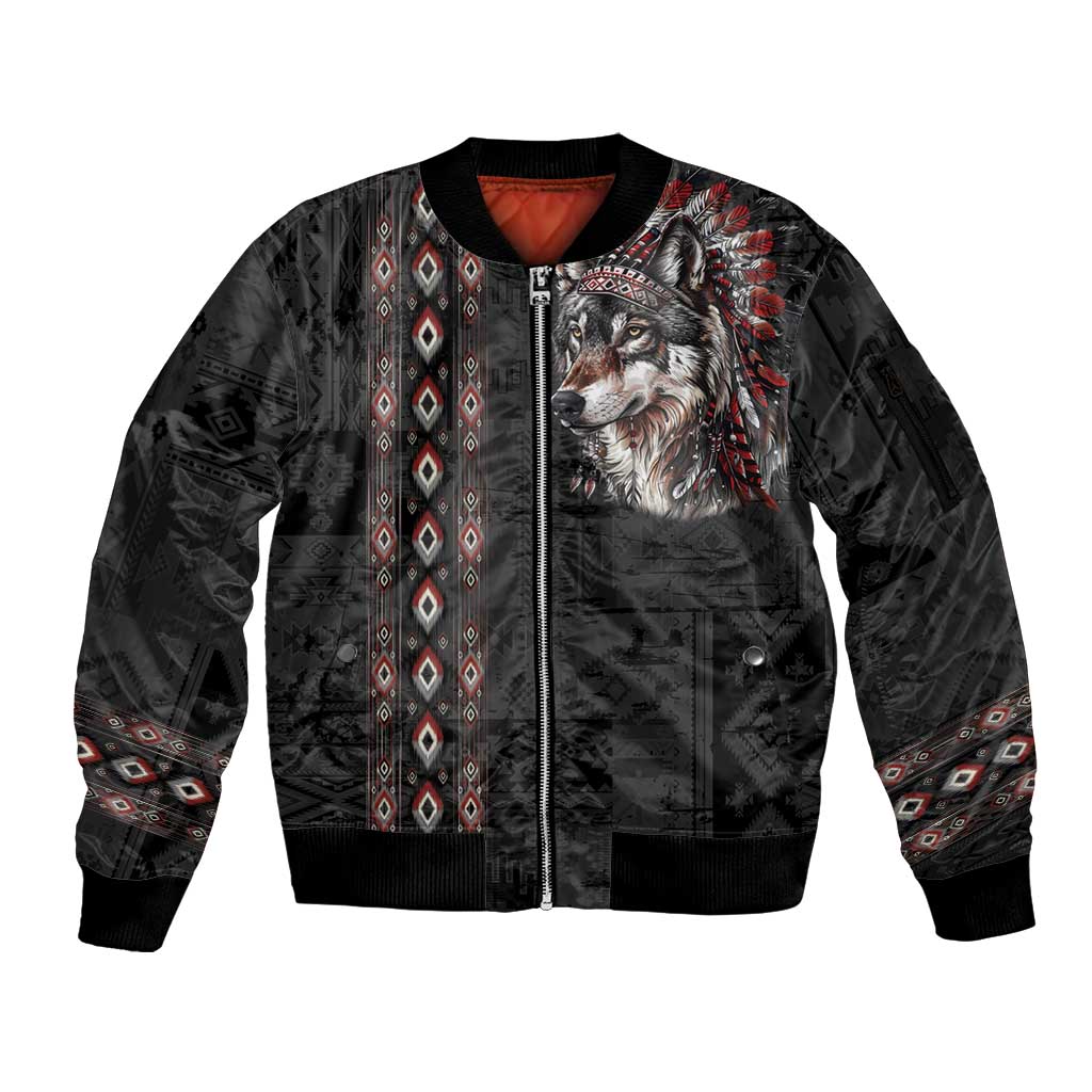 Native American Wolf Sleeve Zip Bomber Jacket Tribal Pattern