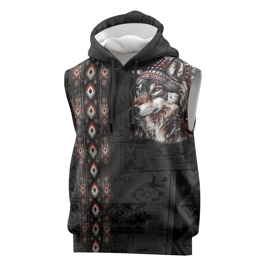Native American Wolf Sleeveless Hoodie Tribal Pattern