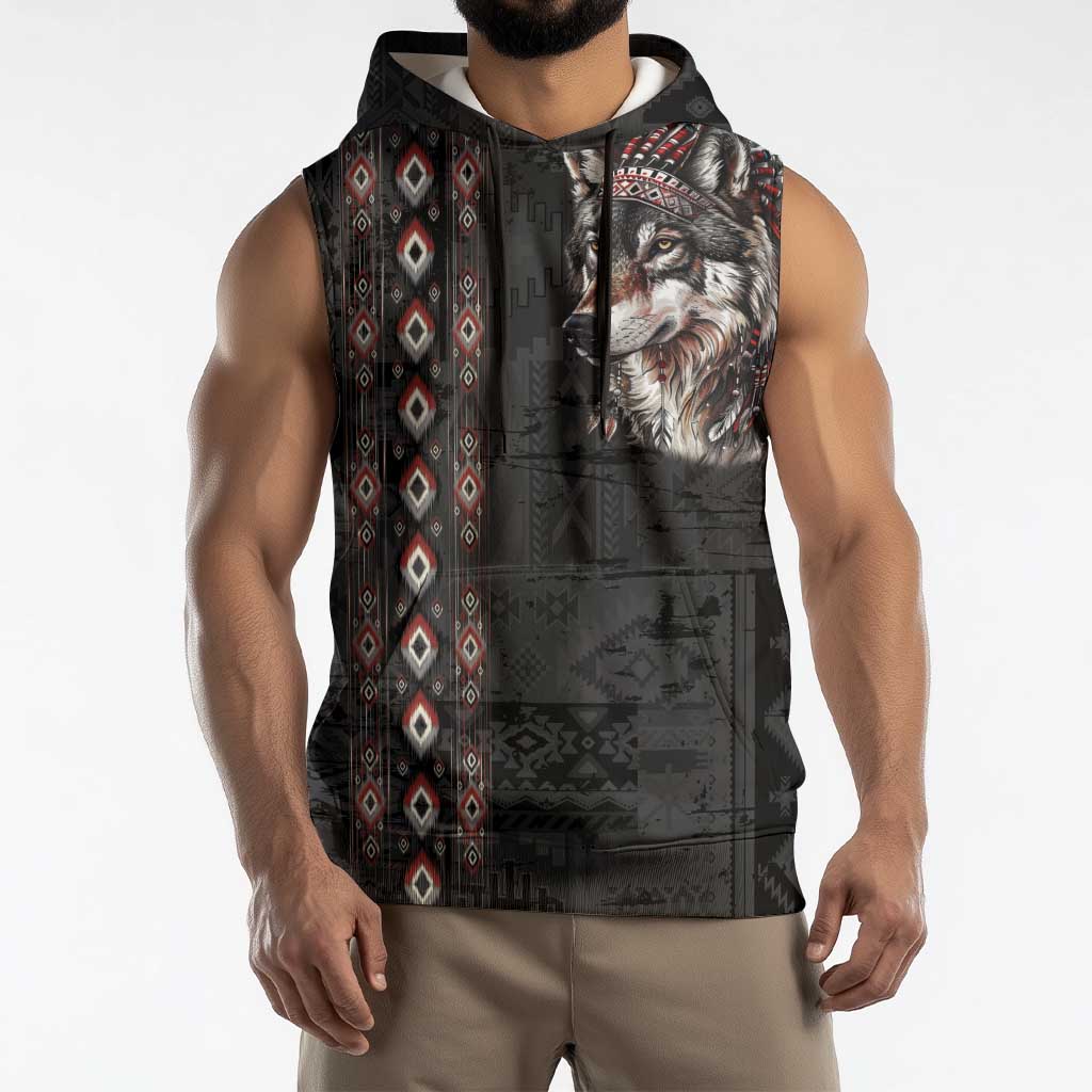 Native American Wolf Sleeveless Hoodie Tribal Pattern