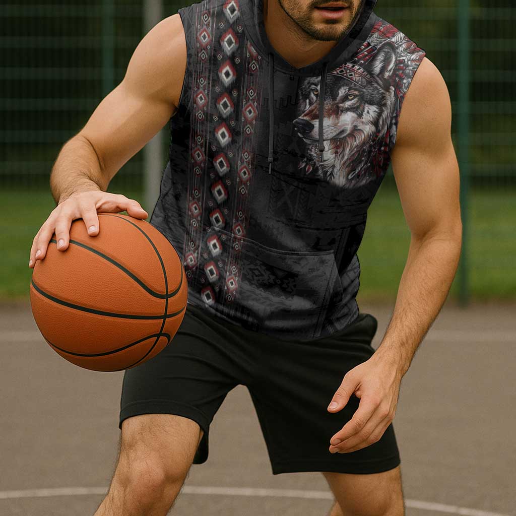 Native American Wolf Sleeveless Hoodie Tribal Pattern
