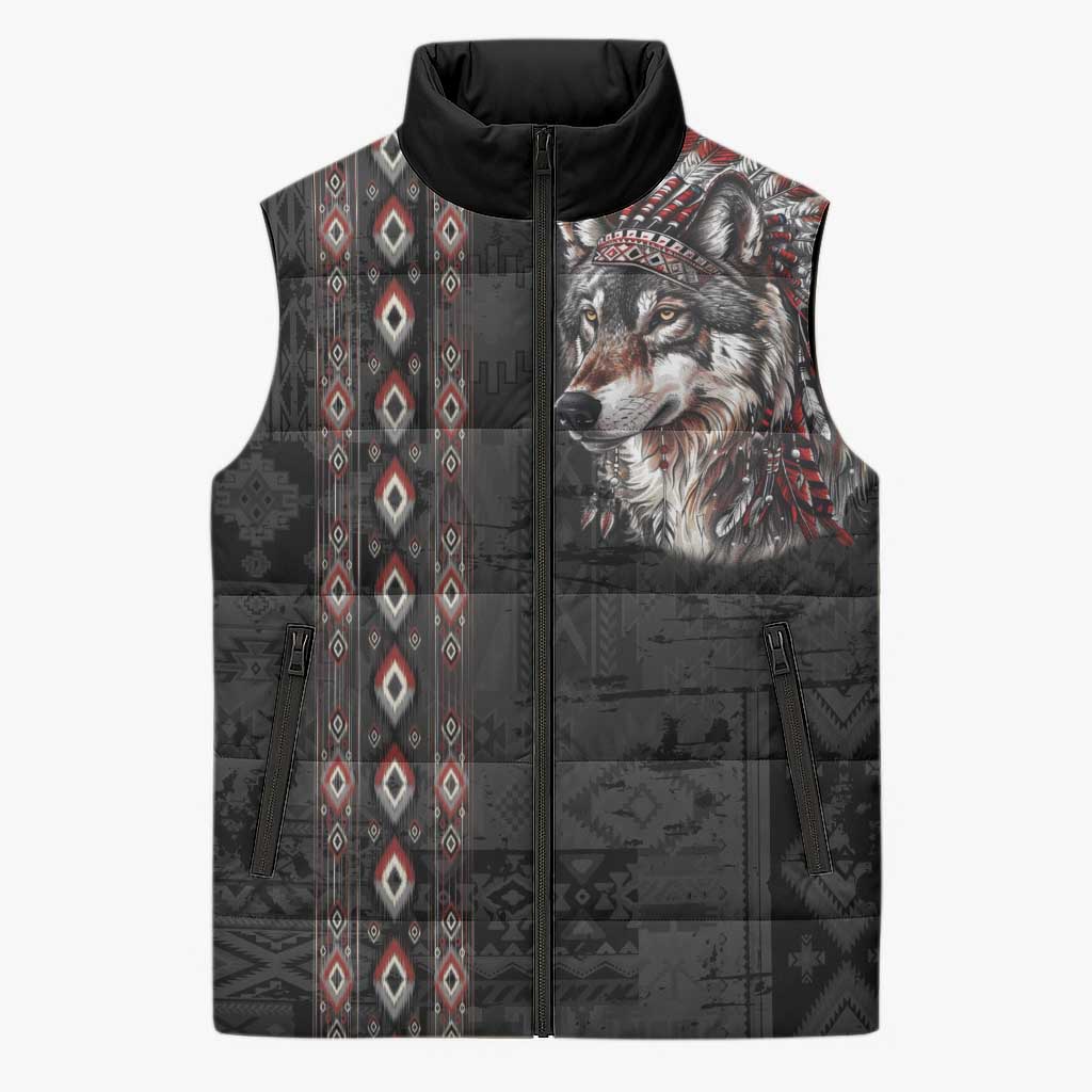 Native American Wolf Sleeveless Puffer Jacket Tribal Pattern