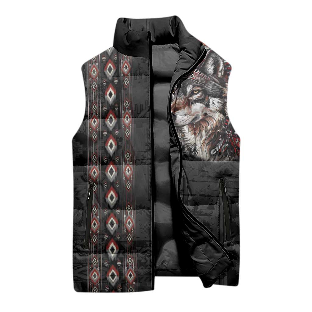 Native American Wolf Sleeveless Puffer Jacket Tribal Pattern