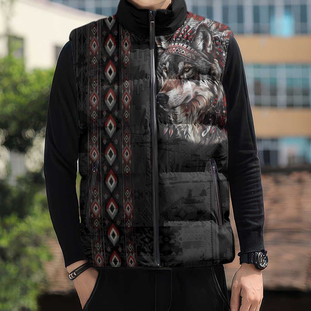 Native American Wolf Sleeveless Puffer Jacket Tribal Pattern