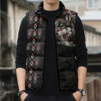 Native American Wolf Sleeveless Puffer Jacket Tribal Pattern