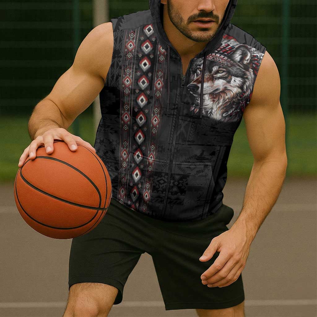 Native American Wolf Sleeveless Zip Hoodie Tribal Pattern
