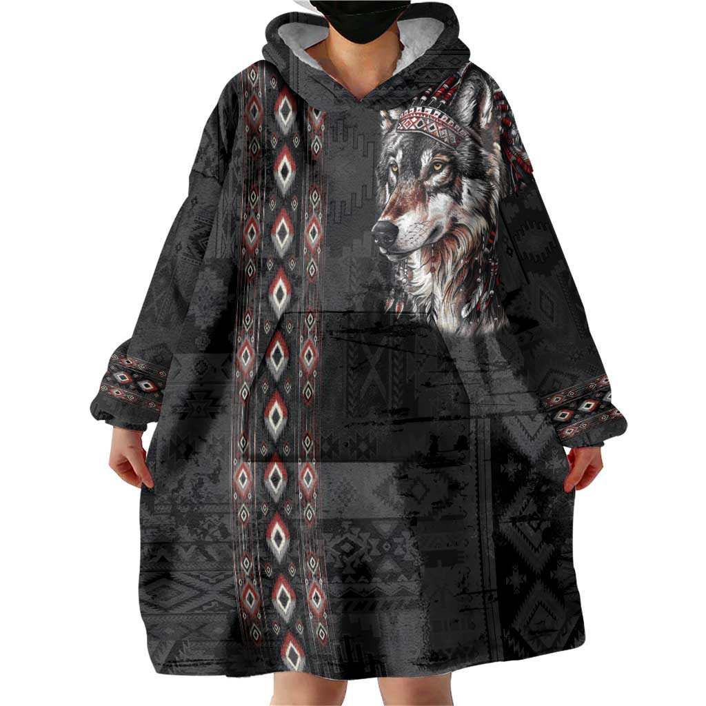 Native American Wolf Wearable Blanket Hoodie Tribal Pattern