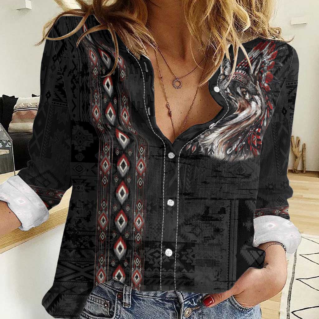Native American Wolf Women Casual Shirt Tribal Pattern
